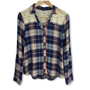PaperMoon Plaid Lace Shoulder Button Front Shirt